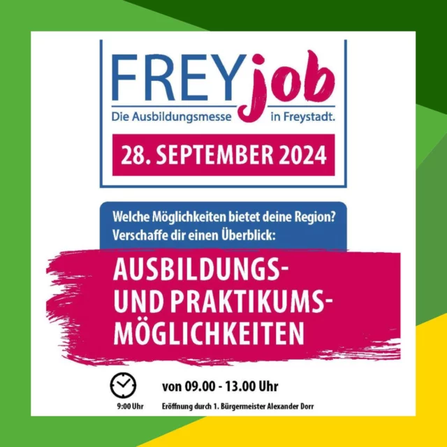 Ausbildungsmesse FREYjob in Freystadt - Wir sind dabei!
Am Samstag, den 28.September 2024, lädt die Stadt Freystadt gemeinsam mit dem Gewerbeverein „Wir leben Freystadt e. V.“ zur 3. Ausbildungsmesse „FREYjob“ auf dem Marktplatz ein. Von 9:00 bis 13:00 Uhr können sich Schülerinnen und Schüler über Ausbildungsberufe informieren und Kontakte zu lokalen Unternehmen knüpfen.
KW Energie ist mit einem eigenen Stand vertreten. Im September 2025 bilden wir wieder Elektroniker für Energie- und Gebäudetechnik (m/w/d) aus. Alle wichtigen Informationen zur Ausbildung erhältst Du direkt bei uns am Stand Nr.30 - Wir freuen uns auf Dich!
#stadtfreystadt #freystadt #ausbildungsmesse #jugend #ausbildung #freyjob #kwenergie #smartblock