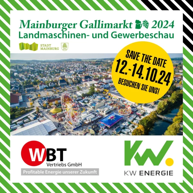 Gallimarkt 2024 in Mainburg - BHKW und Batteriespeicher Live im Einsatz! 
Wir unterstützen wieder tatkräftig unseren langjährigen Premium-Partner, die WBT Vertriebs GmbH. Die diesjährige Landmaschinen und Gewerbeschau findet von Samstag, den 12.Oktober bis einschließlich Montag, 14.Oktober 2024 auf dem Mainburger Volksfestplatz statt. Zu besichtigen gibt es wieder, ein smartblock 7,5 BHKW im laufenden Flüssiggasbetrieb, sowie die smartblock battery Speichersysteme, welche aktuell hochinteressant für die Landwirtschaft und den Gartenbau sind, aufgrund der aktuellen Förderung von 30%. Kommen Sie vorbei und überzeugen Sie sich von den Möglichkeiten der wirtschaftlichen Energieerzeugung und unseren intelligenten Energiespeichern. Das Team um Thomas Zeller und Ludwig Kirmair steht Ihnen am Stand Nr.72 mit Rat und Tat zur Verfügung. Wir wünschen  viel Erfolg auf der Messe, sowie allen Besuchern viel Spaß. 
https://gallimarkt-mainburg.com/
https://wbt-gmbh.de/
https://www.kwenergie.de/
https://www.smartblock.eu/de/